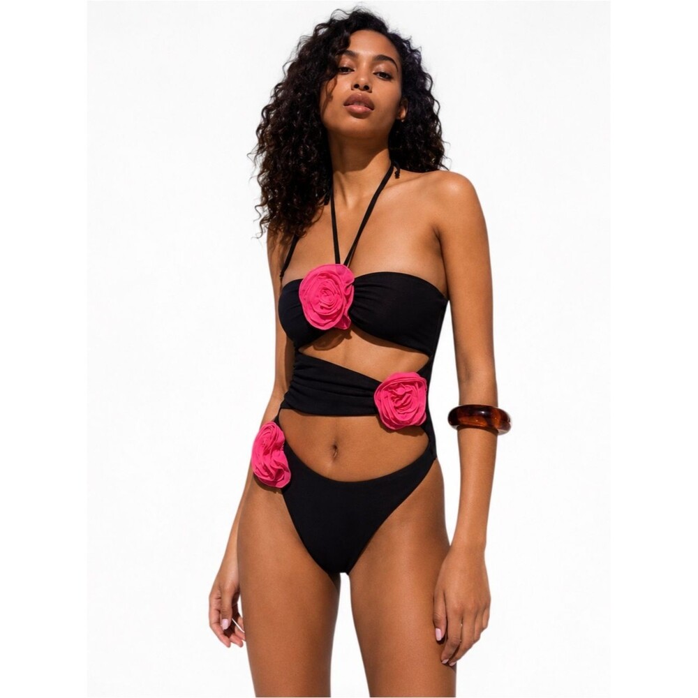 SAME Rose Cut Out One Piece Swimsuit Black Pink Rosette Floral Halter Size S